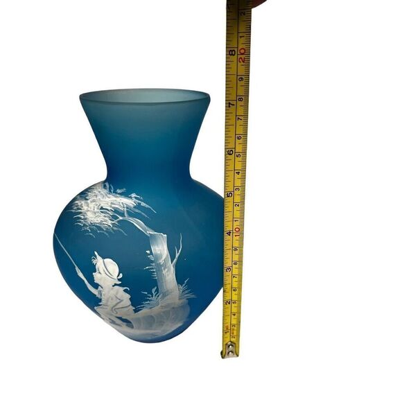 Westmorland Artist Signed 1971- Mary Gregory Vase Boy Fishing Blue Satin 7" tall - Picture 9 of 9